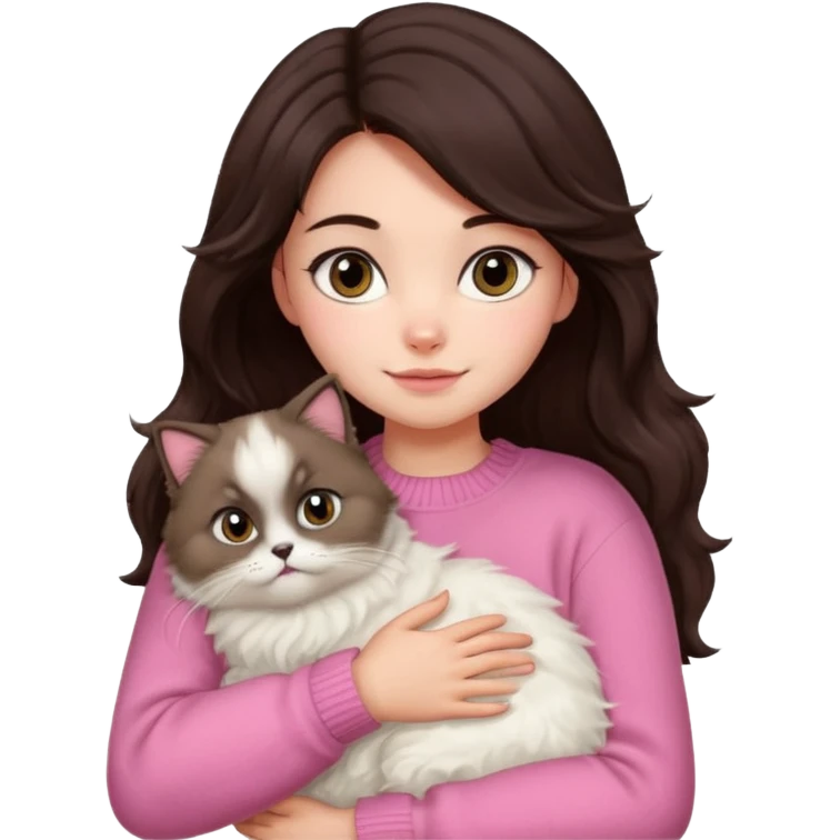 a girl with medium wavy dark brown hair, wearing a pink sweater, hugging a Himalayan cat emoji