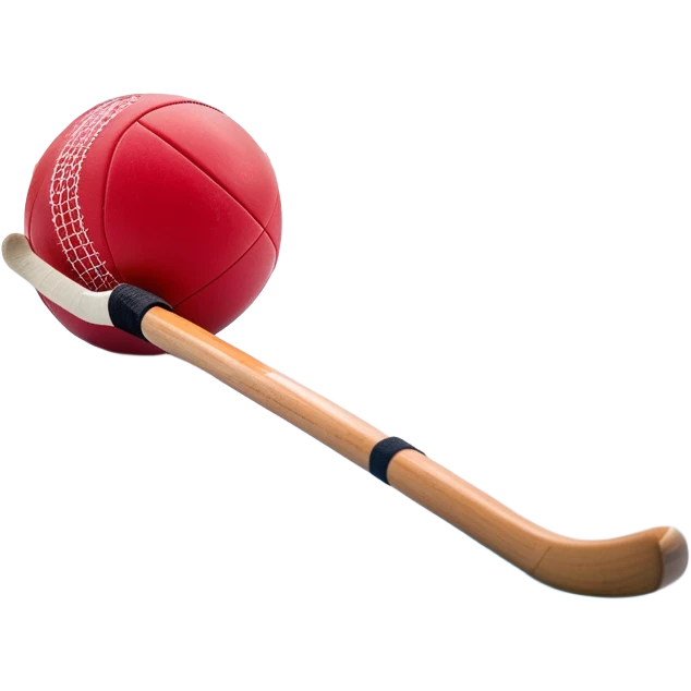 A red ball and hockey stick resting on an ice rink, with the goalposts and clear markings in the background. The scene captures the unique nature of field hockey with a ball on ice, emphasizing the speed and precision of the sport in a cold, competitive atmosphere. emoji