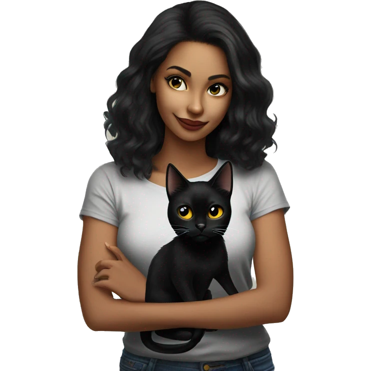 black cat hanging on beautiful black haired woman shirt emoji