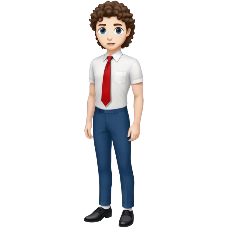 full body white skin curly mullet brown hair white shirt red tie black pants and shoes and greek and blue eyes emoji