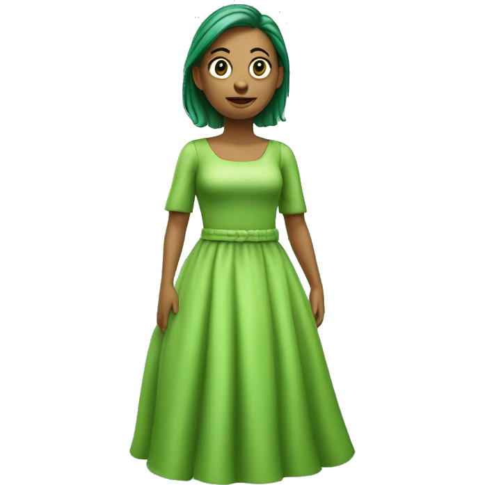 Crie uma ilustração 3D de um O personagem com vestido verde, cabelos curtos e liso, pele clara, olhos levemente
puxados. emoji