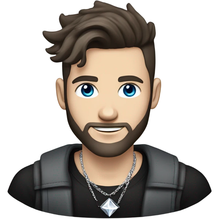 Younger white male that has grey blue eyes, dark brown hair with grey on the sides, a beard, and tattoos. He is wearing a diamond coated white gold necklace and a black punk band t-shirt while waving hello emoji