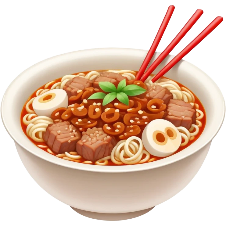 Fuzhou Lychee Pork Noodles with meat sauce and noodles, simplified emoji style with bold outlines and bright colors, cartoon style Fujian specialty Ban Mian emoji