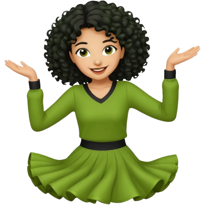 a woman with olive skin tone and curly black hair wearing green and dancing emoji