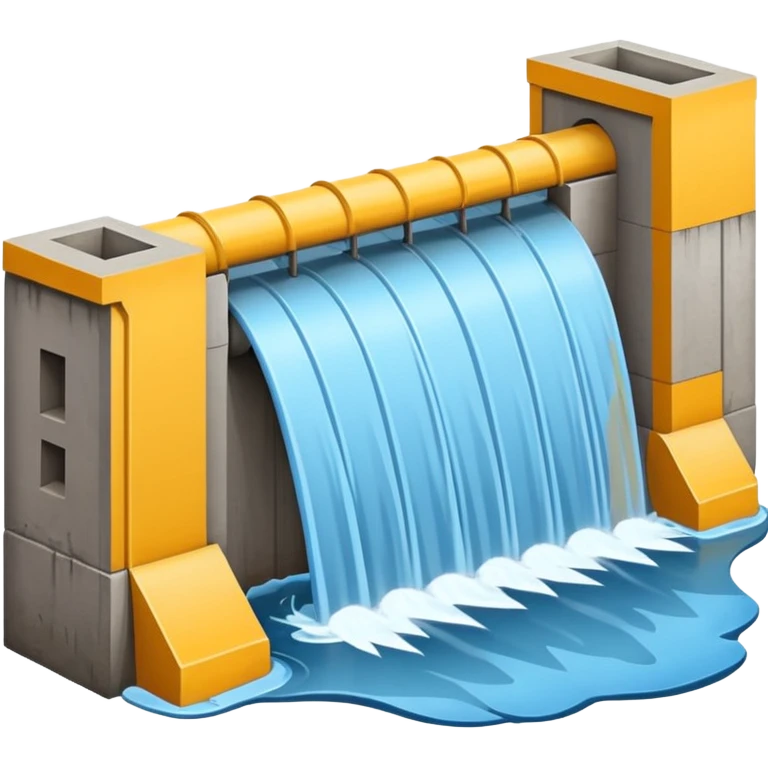 Emoji-style illustration of flood protection dam, flat vector look, bold outlines, minimal details, no background. emoji