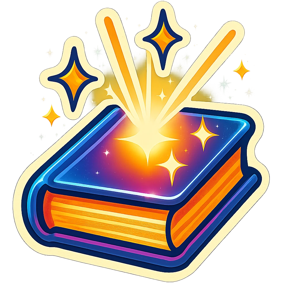A book radiating magic, sparkles, and light, with thick outlines, stylized shadows, and glossy highlights, nostalgic retro sticker vibe emoji
