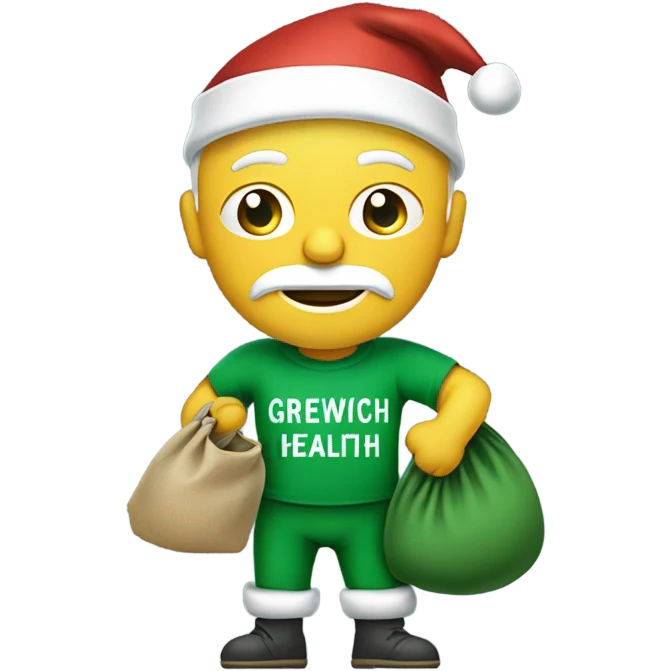 Santa carrying his sack wearing a green t-shirt with the words ‘Greenwich Health’ written in white letters  emoji