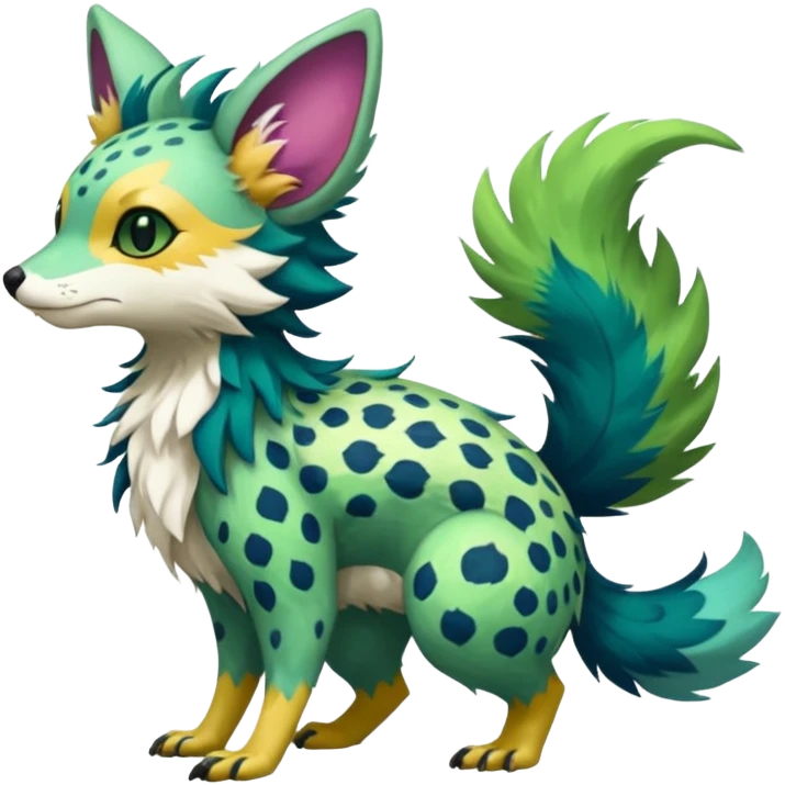 Feral Rare Fantasy colorful vibrant Vernid-Trico-species-Fakemon-creature by LiLaiRa, random markings, tufted tail, tufted ears, full body emoji