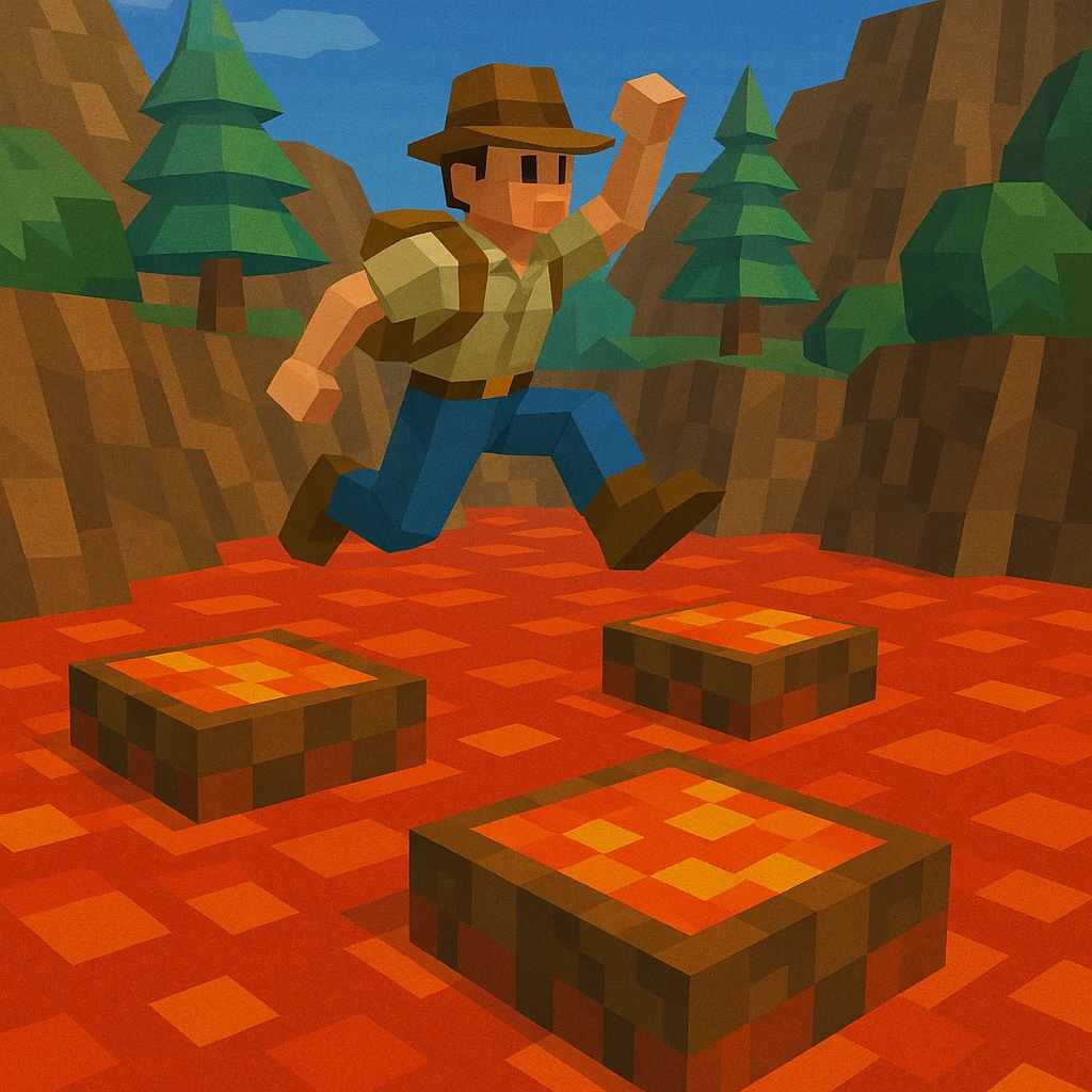 Adventurer jumping across lava blocks.
 emoji