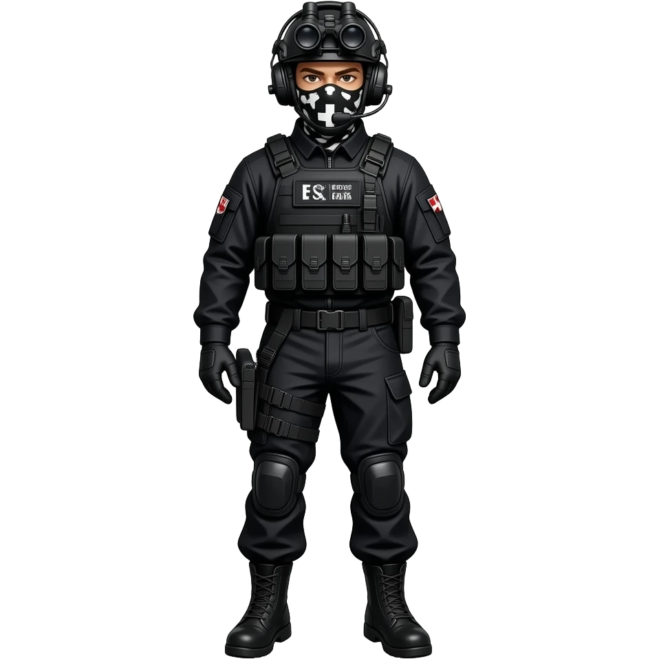 man wearing a black special tactics medical force outfit and a black COMBAT BOOTS PLATEface total painted black and a black and white patterned balaclava and wears a headset and a big black night vision device on his headtop with a helmet and a mask emoji