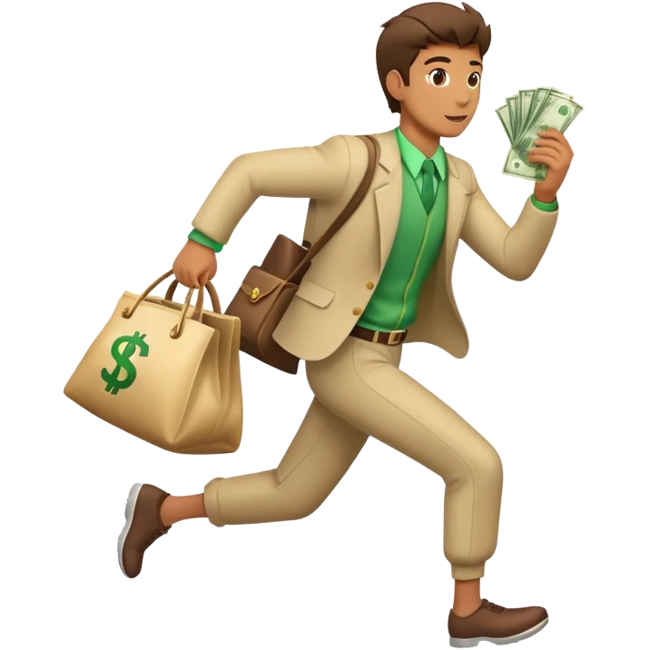 Man in costume, holding a bag money, side view, male, running away emoji
