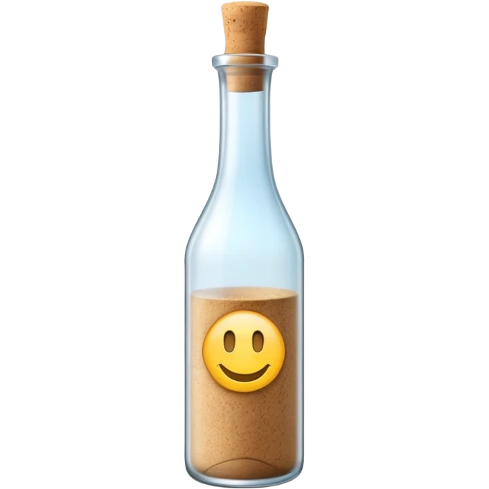 elegant tall glass bottle with long neck, simple cork or screw cap, frosted glass, transparent colorless liquid, no label or fruit, just the bottle, apple emoji style, soft lighting, transparent background, emoji scale emoji