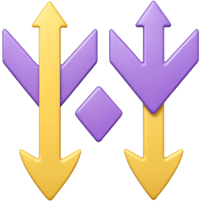 Two rounded arrows, one pointing up (yellow), one down (purple), soft 3D effect, pastel colors, Pixar style, hand-drawn texture, transparent background emoji