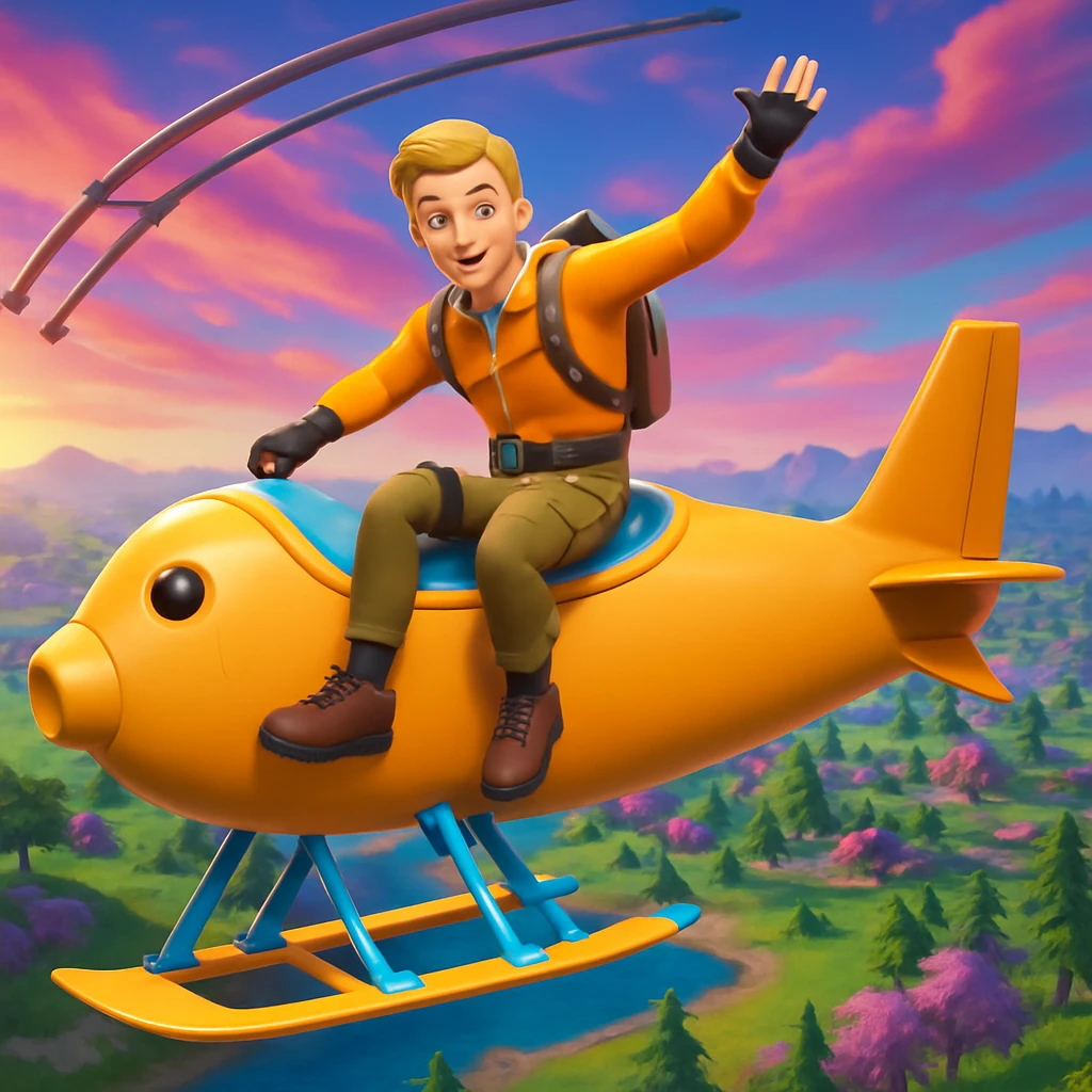 Add a Fortnite glider drop background behind John Pork, including a colorful sky and terrain typical of Fortnite's vibrant and playful style. emoji