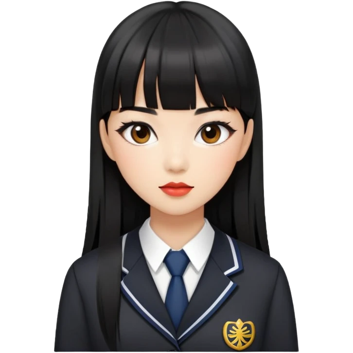 chic woman with Asian skin, black long straight bangs, wearing a school uniform, and makeup emoji