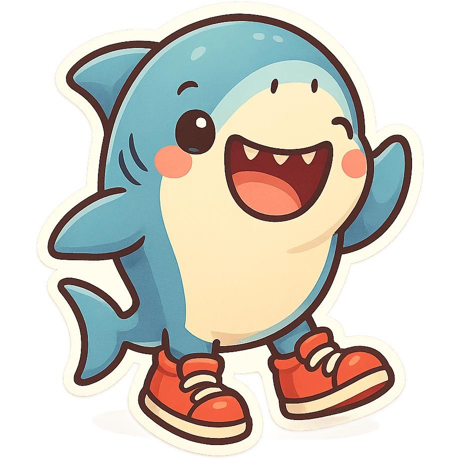 a fun and cute shark wearing shoes, colorful chibi sticker style, cheerful expression emoji