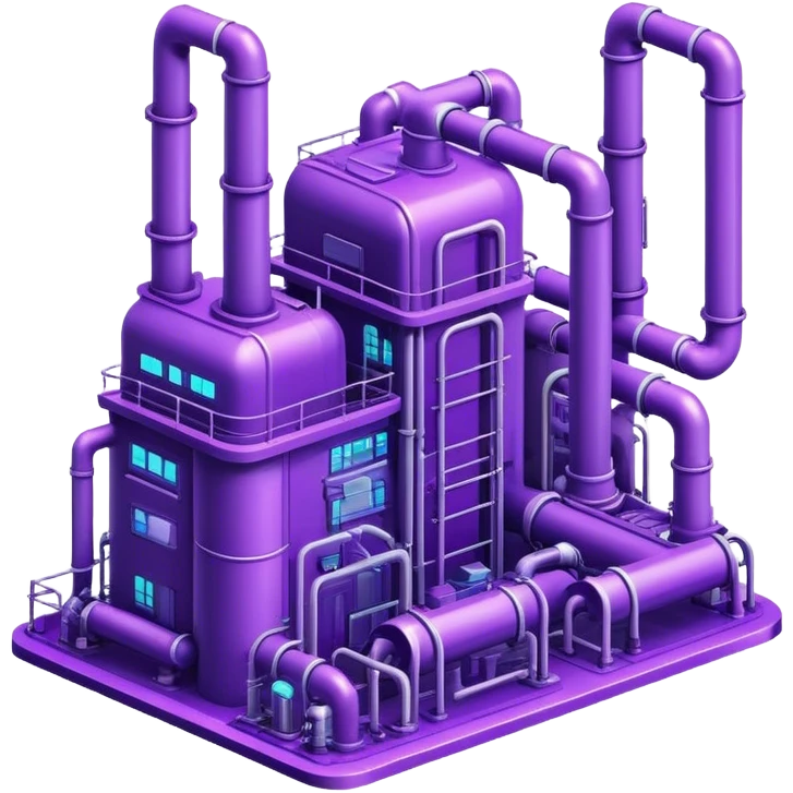 AI-powered factory. It should be a building with pipes. Add violet neon glowing symbolizing power of AI emoji