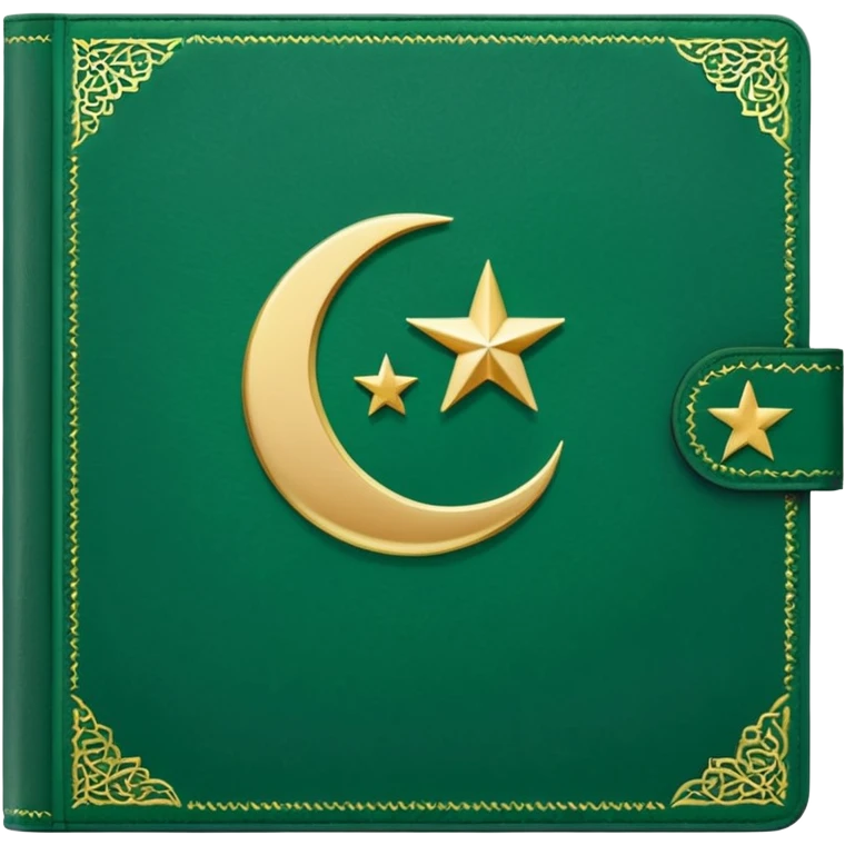 Closed Quran with the Islamic Symbol on it (moon and star) green from left to right emoji
