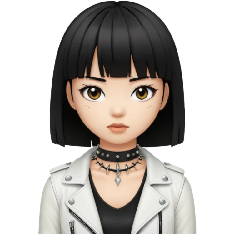 A asian girl with Black eyes and black straight hair with a bob and bangs with a black spiked chocker with white tank top with a leather jacket on emoji