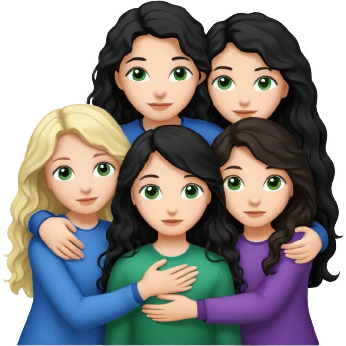 Компанія дівчат троє одна дівчина з чорним волоссям хвилястим довгим карими очима, друга з блондинистим довгим волоссям блакитними очима, третя з темним каштановим волоссям і зеленими очима, вони усі обіймаються emoji