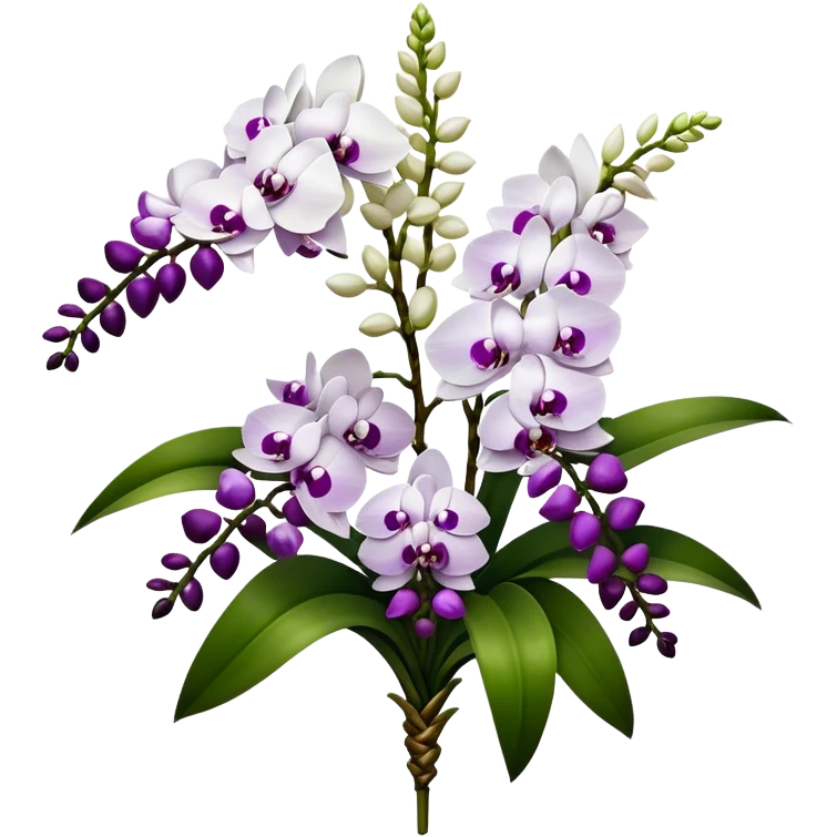 big bouquet white purple Rhynchostylis Orchid, stem, leaf, luxuriant emoji