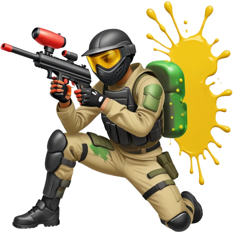 A paintball player in full gear, aiming a paintball gun with focus and determination. The scene includes vibrant splashes of paint and a dynamic battlefield setting, emphasizing action, strategy, and teamwork in a competitive environment emoji