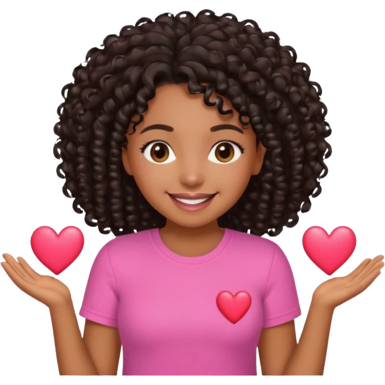 A brown skin girl with a black curly 4C hair and she has a pink Shirt that has a heart  emoji