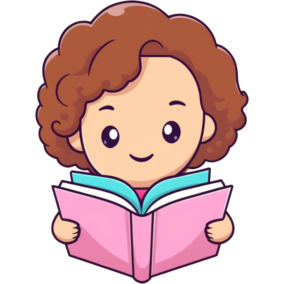girly character with brown soft curly hair reading a pink book emoji
