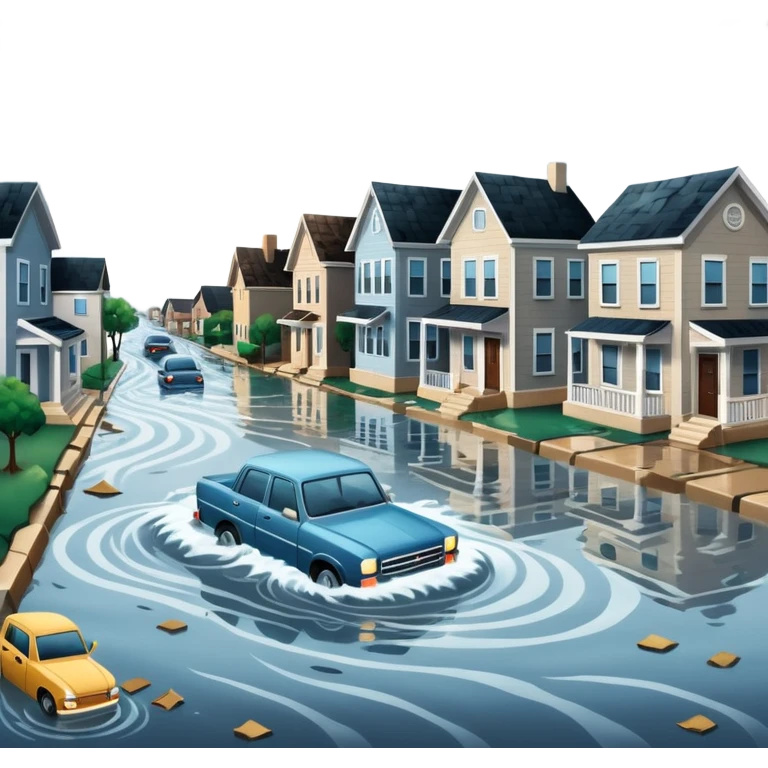 showing a flood disaster scene with strong water waves overflowing streets, partially submerged houses and cars, dark cloudy sky emoji