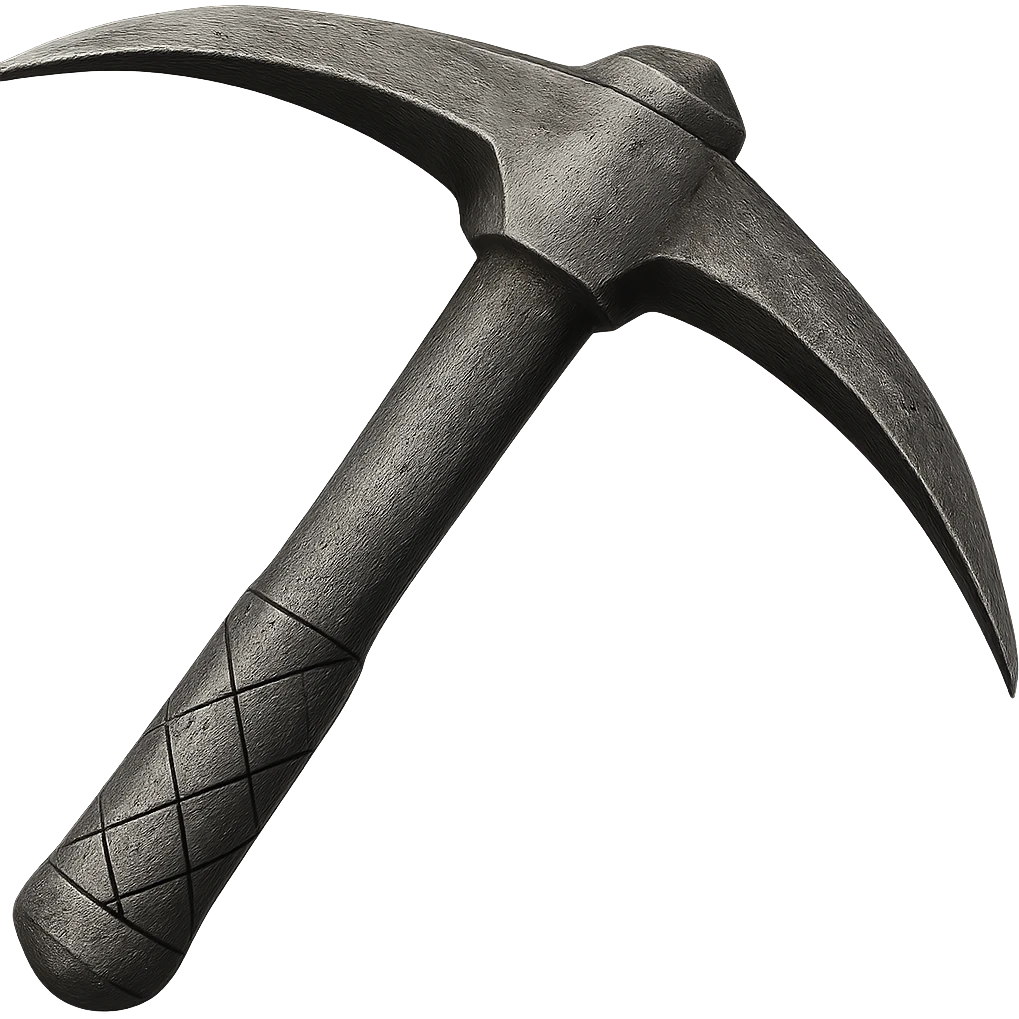 Recolor this bronze pickaxe to a slightly worn iron, keep the same shape, realistic metallic iron, emoji style, transparent background. emoji