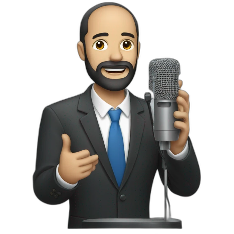man with beard talking to a desk microphone emoji