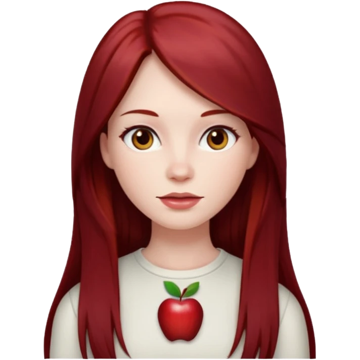 woman, pale skin, long straight dark red hair with layers, brown eyes, white top, apple emoji style emoji