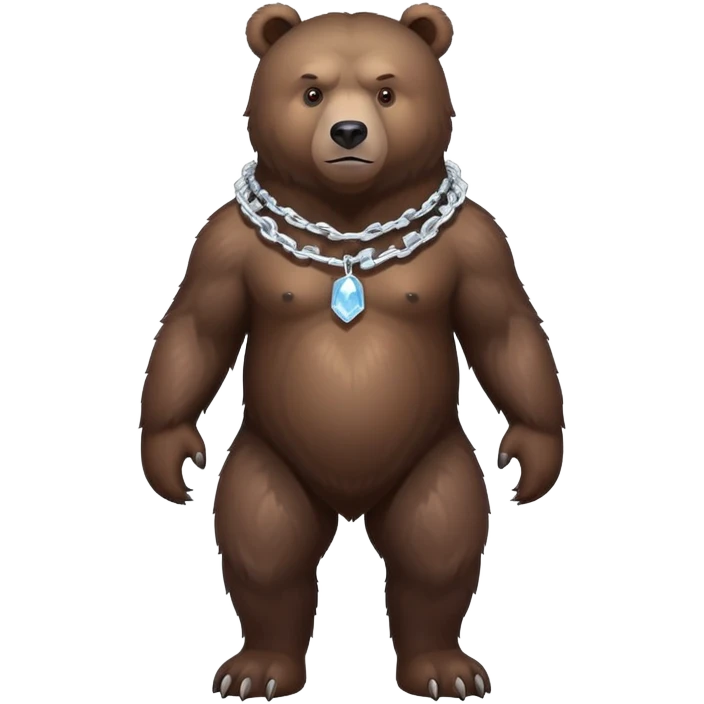 Very realistic dark brown bear standing on all four legs with intimidating gaze, wearing only a plain ice chain around its neck emoji