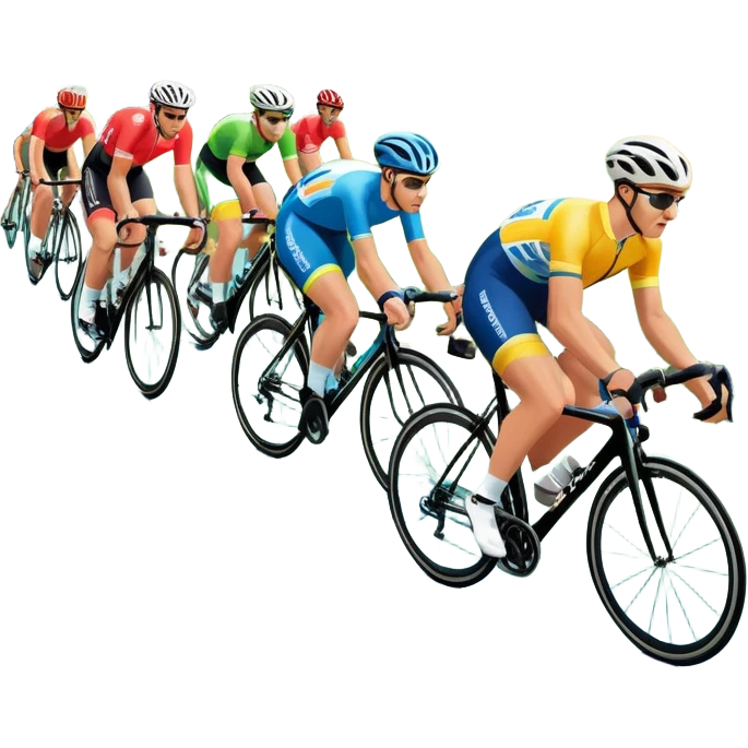 A dynamic icon of a professional cycling race. Cyclists in colorful jerseys speed along a winding road, their bikes leaning into the turn. The background showcases rolling green hills, a bright blue sky, and cheering crowds along the roadside. The scene radiates energy and motion.  emoji
