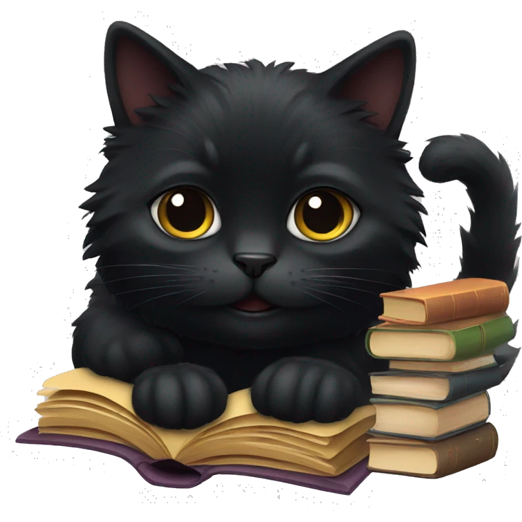 fluffy black cat and books emoji
