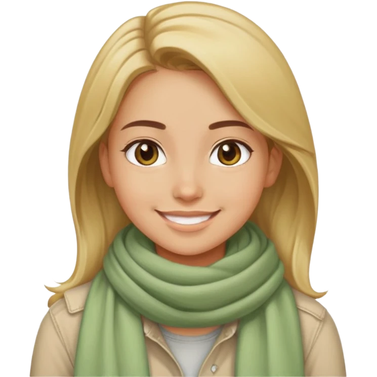smiling girl with wheatish complexion, beige scarf, light green shirt, jeans emoji