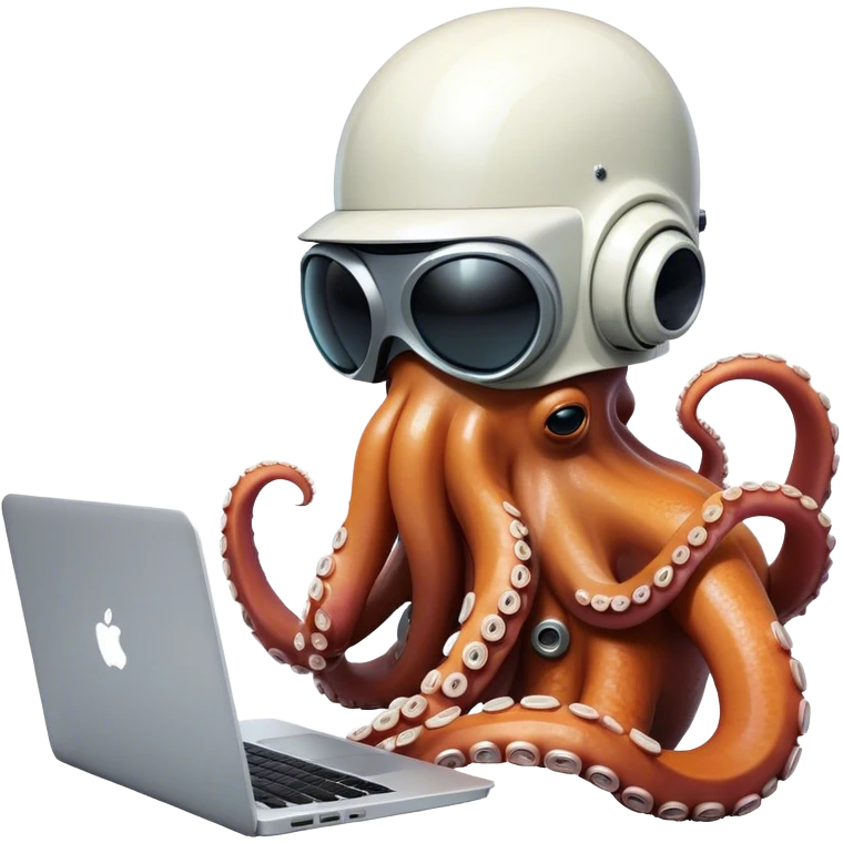 Octopus wearing a daft punk helmet and writing code on a laptop emoji