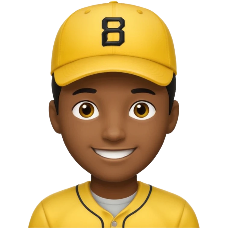 A man with dark skin tone, wearing a bright yellow baseball cap, short black hair mostly covered by the cap, large brown eyes, and a wide smile. emoji