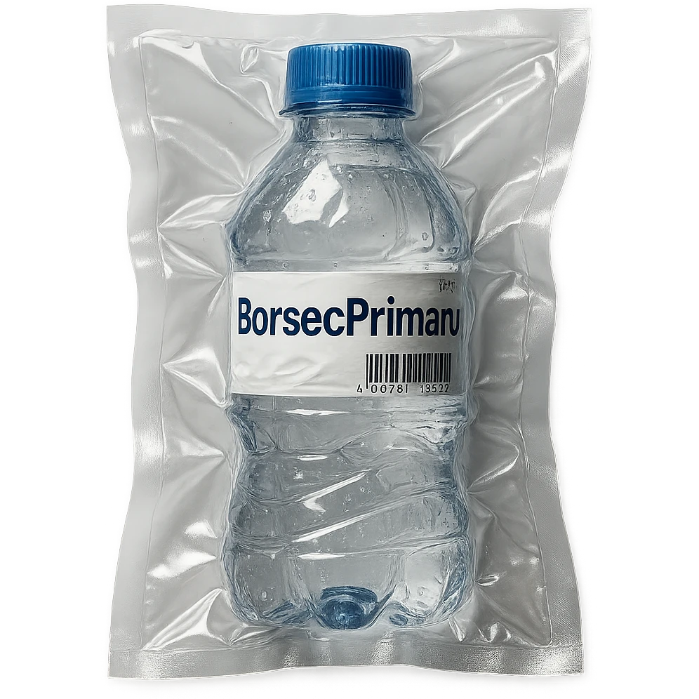 vacuum-sealed style bottle of water labeled 'BorsecPrimaru' emoji