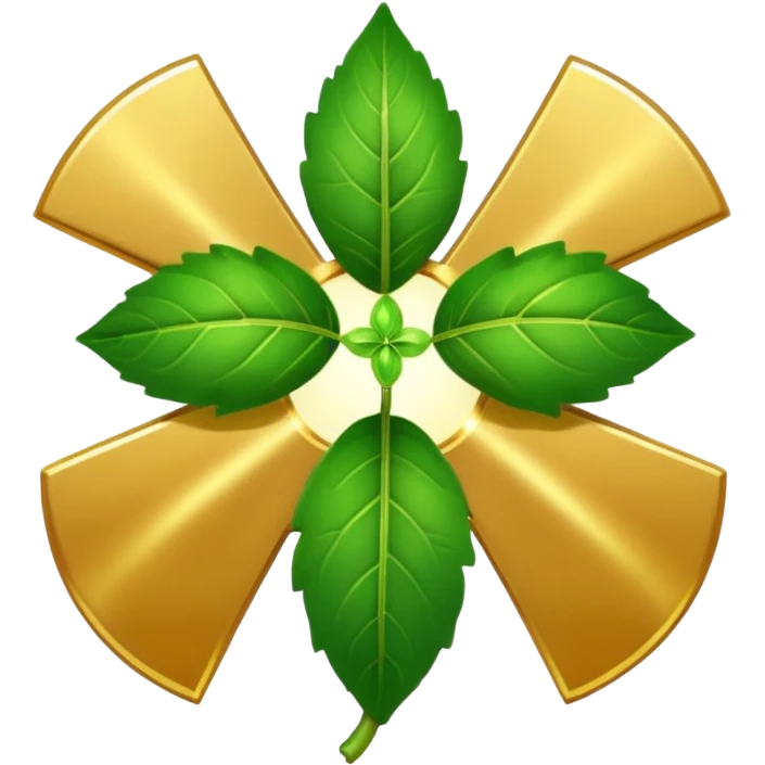 "A clean, friendly emoji of three vibrant green Tulsi (Holy Basil) leaves centered over a small, glowing golden cross or 'plus' sign, symbolizing healing. Simple, flat, 32x32 pixel icon style. Transparent background. Icon for natural healing and wellness." emoji