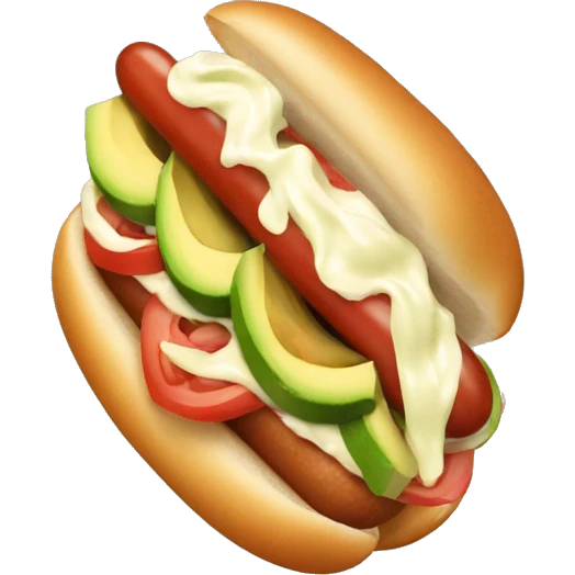 one hotdog with diced tomato, smash avocado and zigzagging mayonnaise emoji