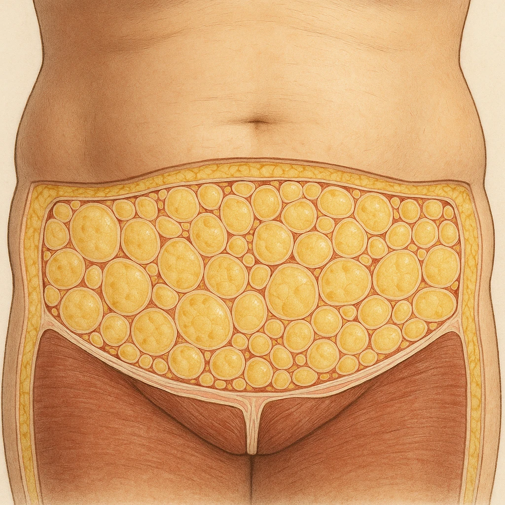 realistic abdomen with subcutaneous fat accumulation, cross section showing adipocytes, medical style, natural colors, cellular details emoji