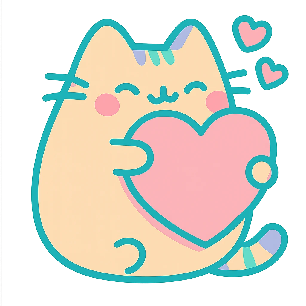 Pusheen hugging a big heart, pastel colors, adorable, vibrant toon style emoji