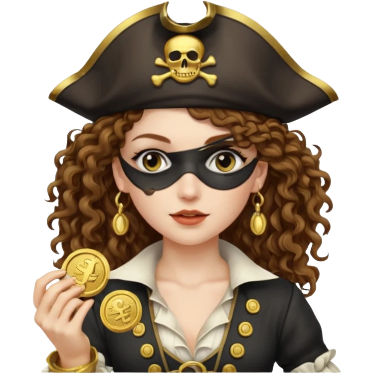 Lady Pirate With holding Coins, curly hair. emoji