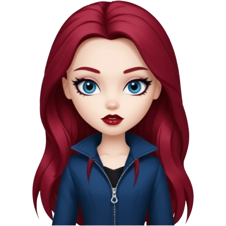 pale skin, girly bratz baddie, beautiful dark blue eyes, sharp black eyeliner, long dark red hair emoji