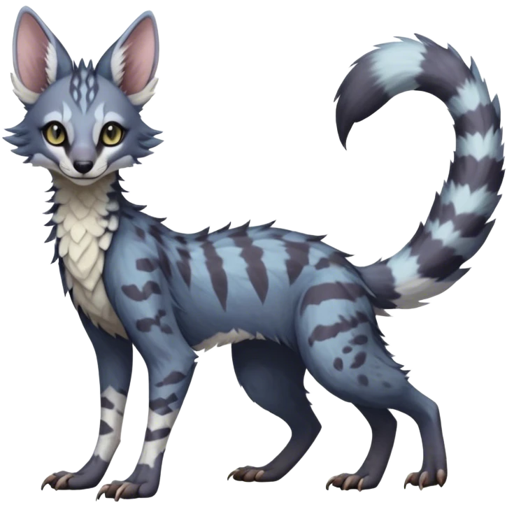 Feral Rare Fantasy dark pastel Vernid-Sergal-Genet-Trico-species by LiLaiRa, random markings, tufted tail, tufted ears, full body emoji