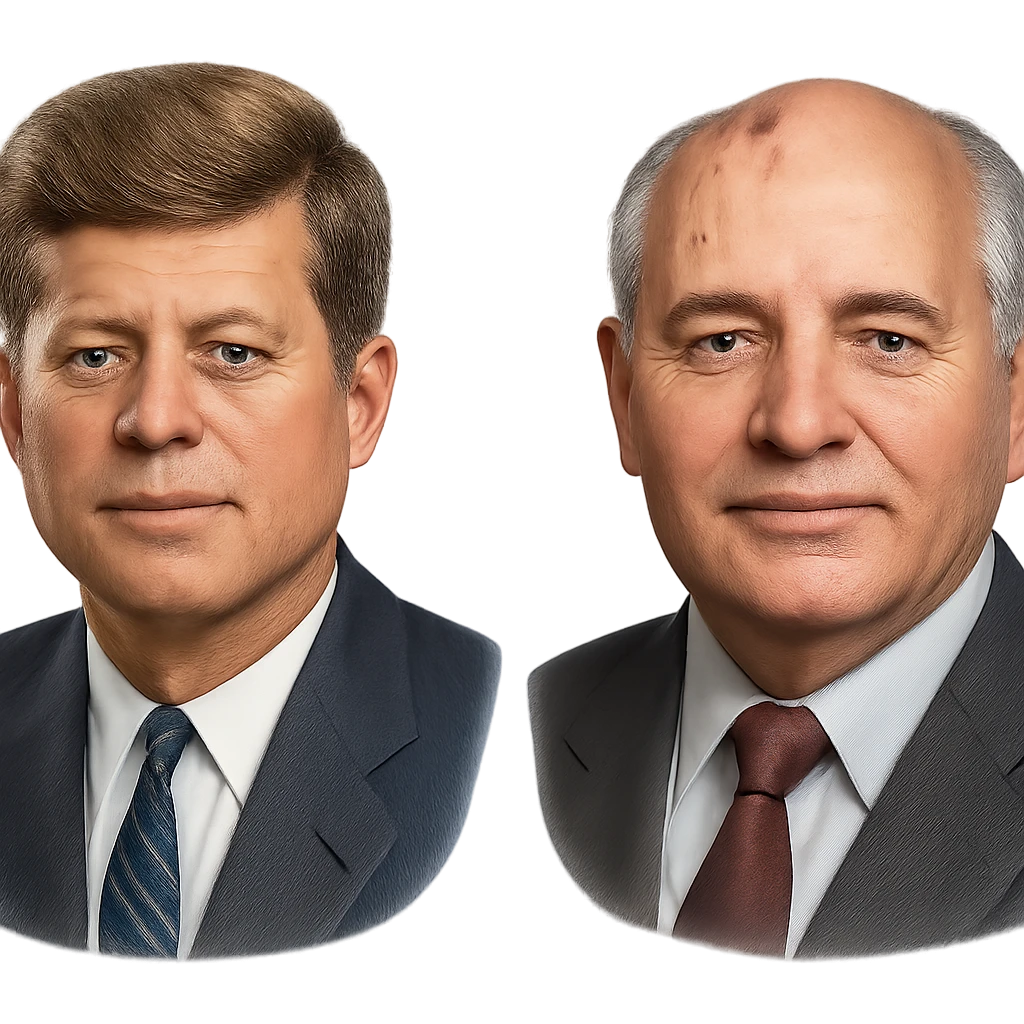 realistic icon of John F. Kennedy and Mikhail Gorbachev side by side, clean and focused emoji