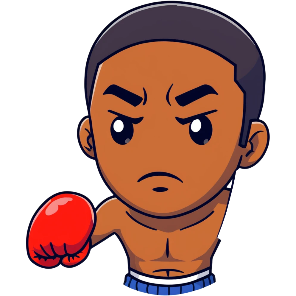 Close-up face of a young 19-year-old Black male boxer, intense gaze, boxing gloves slightly visible emoji