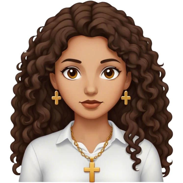 Brown tan woman with dark curly long hair white shirt with cross necklace emoji