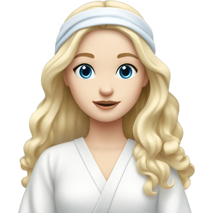  girl with pale skin and blue eyes and long blonde wavy hair doing skincare with white headband and white robe on emoji